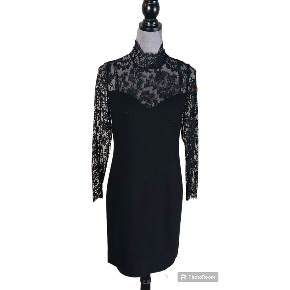 Rickie Freeman for Teri Jon Nites Black Midi Preppy Lace Detailed With bow SZ 2